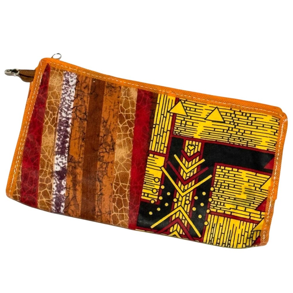 African Block Print Style Bag Flat Clutch Zip Pocket Pouches Lightweight Travel